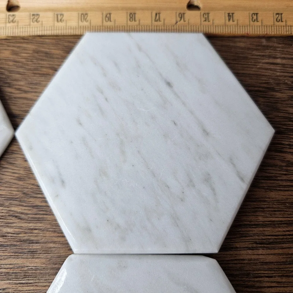 White Marble Hexagon‎ Coasters Set of 5 Matching Caddy Holder Veined Gray Vtg